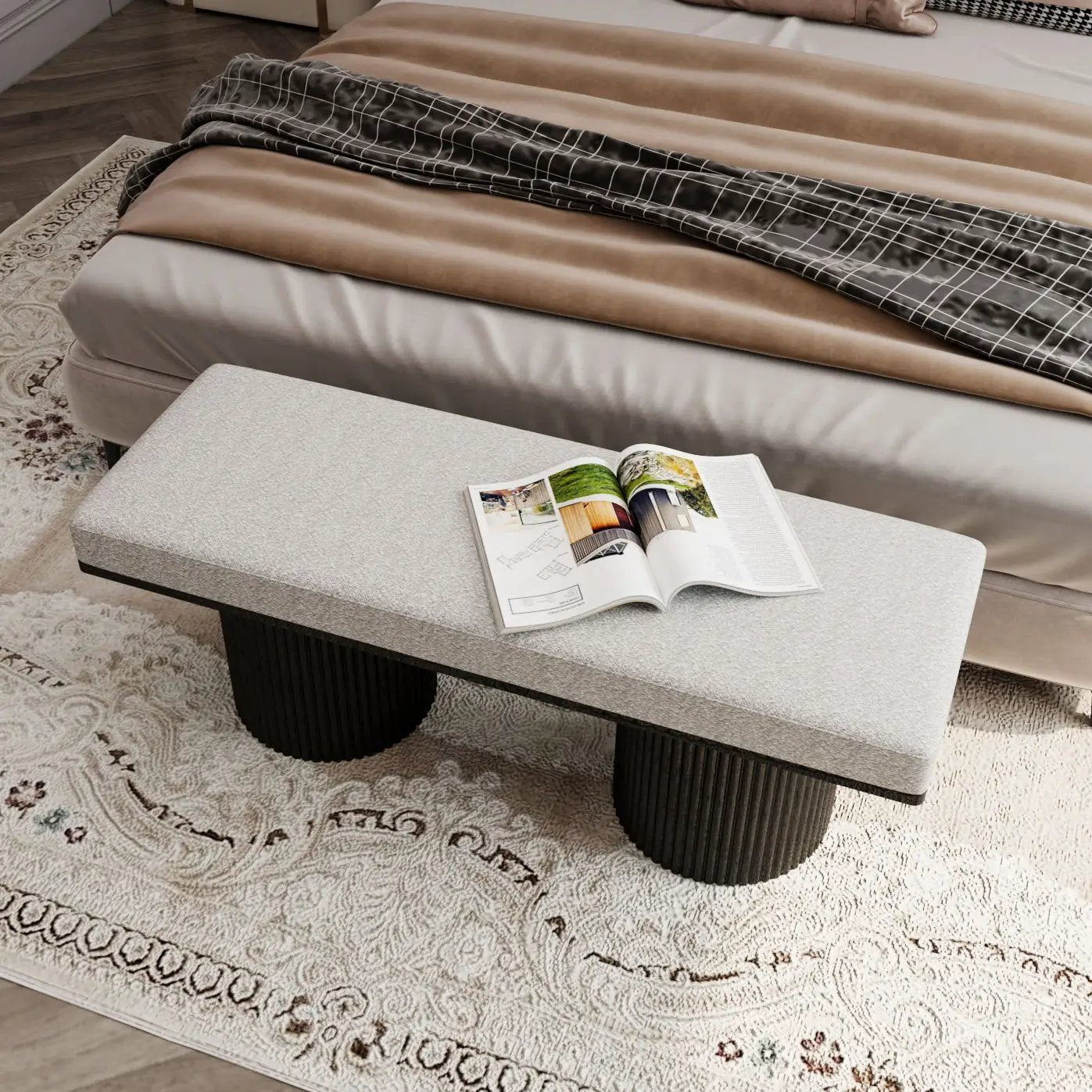 Upholstered Bench With Black Chunky Legs Boucle Contemporary Style Bed-End Bench For Bedroom Living Room - Light Gray by HouseOfZazla