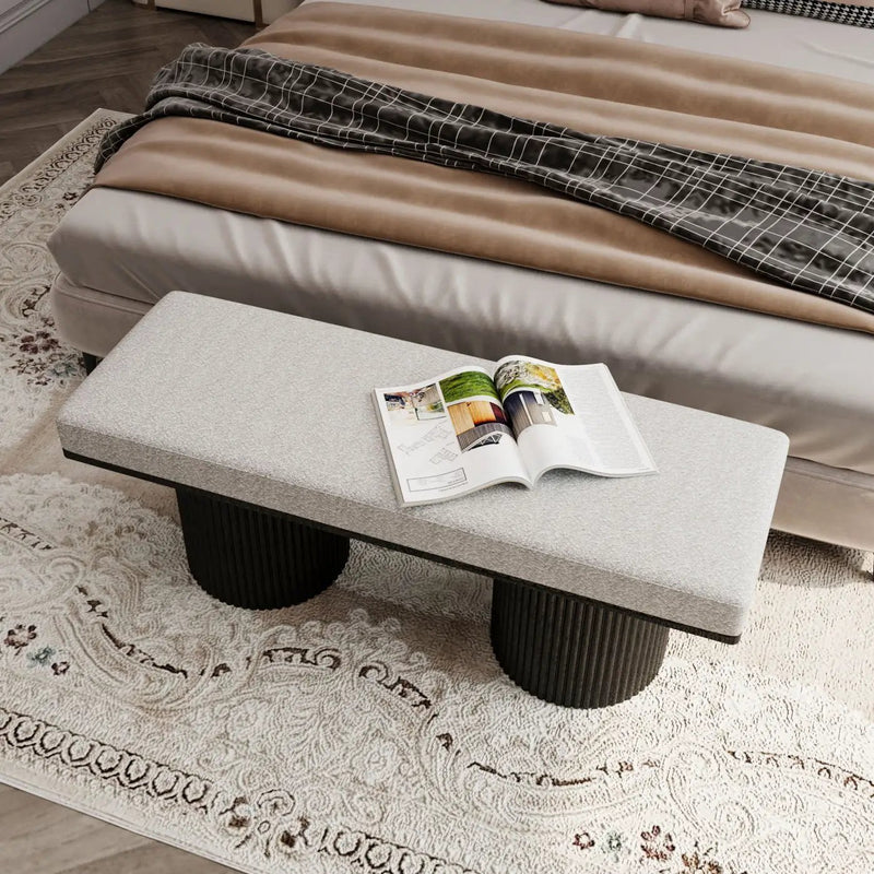 Upholstered Bench With Black Chunky Legs Boucle Contemporary Style Bed-End Bench For Bedroom Living Room - Light Gray by HouseOfZazla