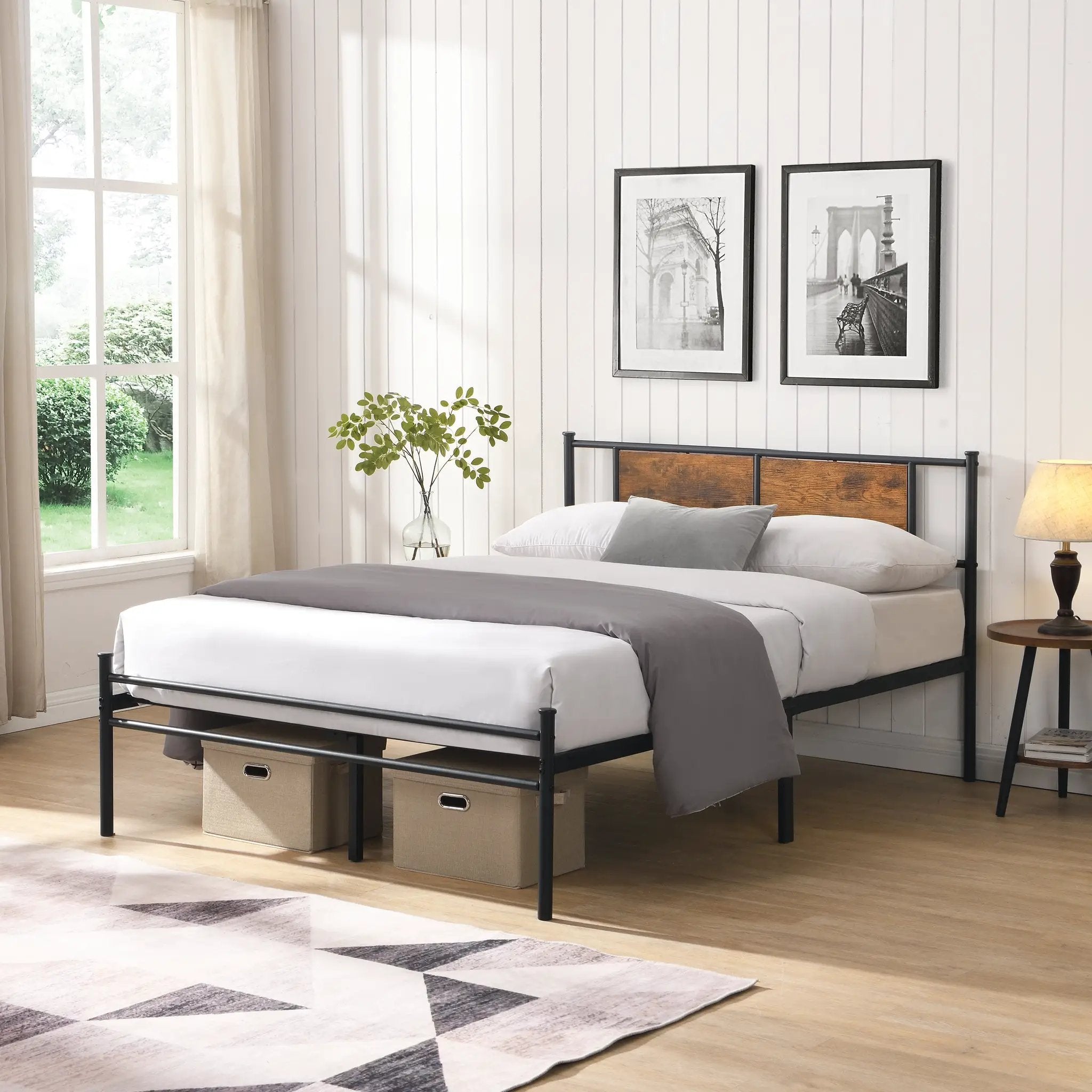 California King Bed Frame - Stylish Design with Wood Panel Headboard by HouseOfZazla