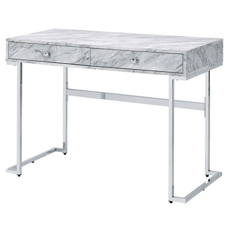 Tigress - Writing Desk - White Printed Faux Marble Top & Chrome by Unique Piece Furniture