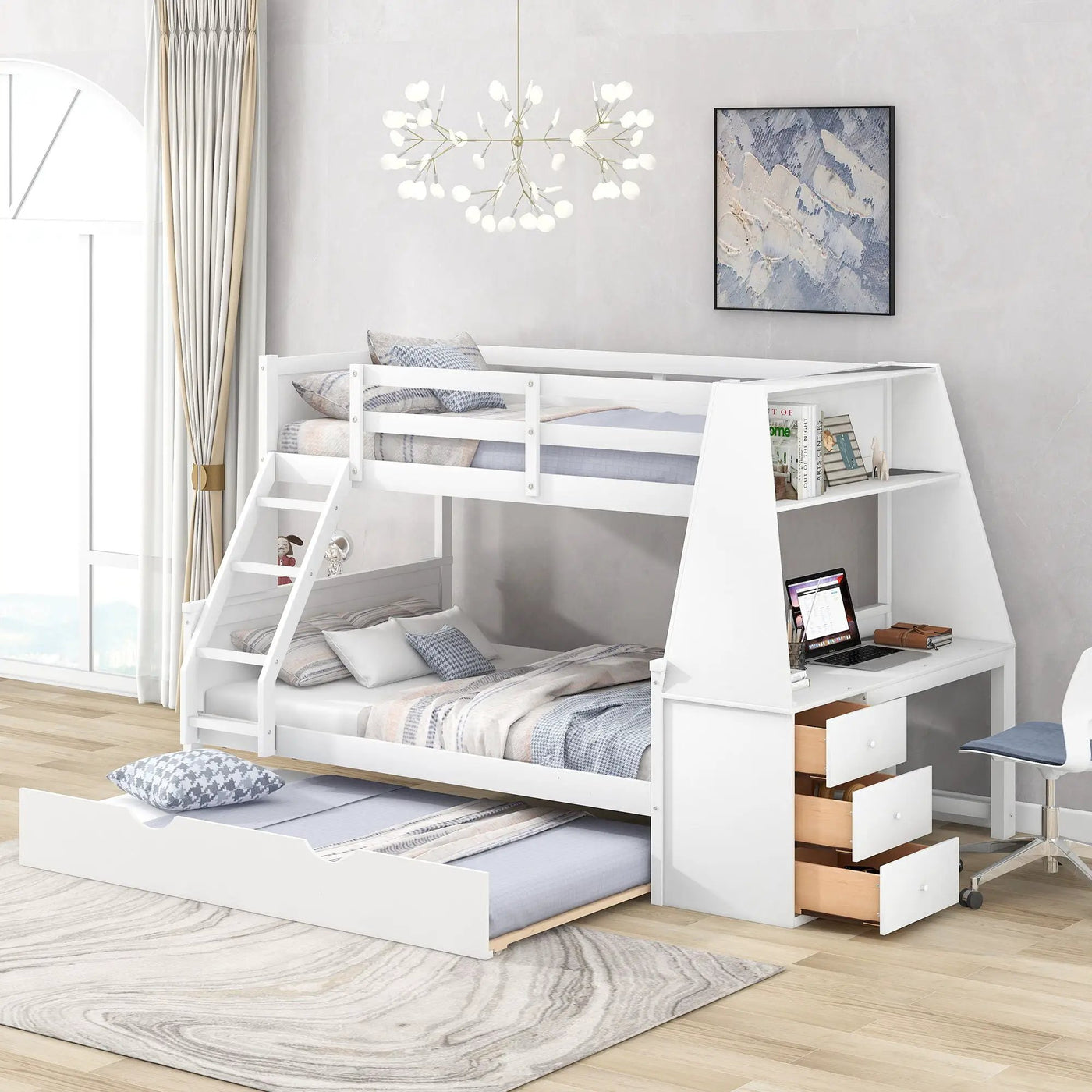 Bunk Bed With Trundle And Built In Desk, 3 Storage Drawers And Shelf by Unique Piece Furniture