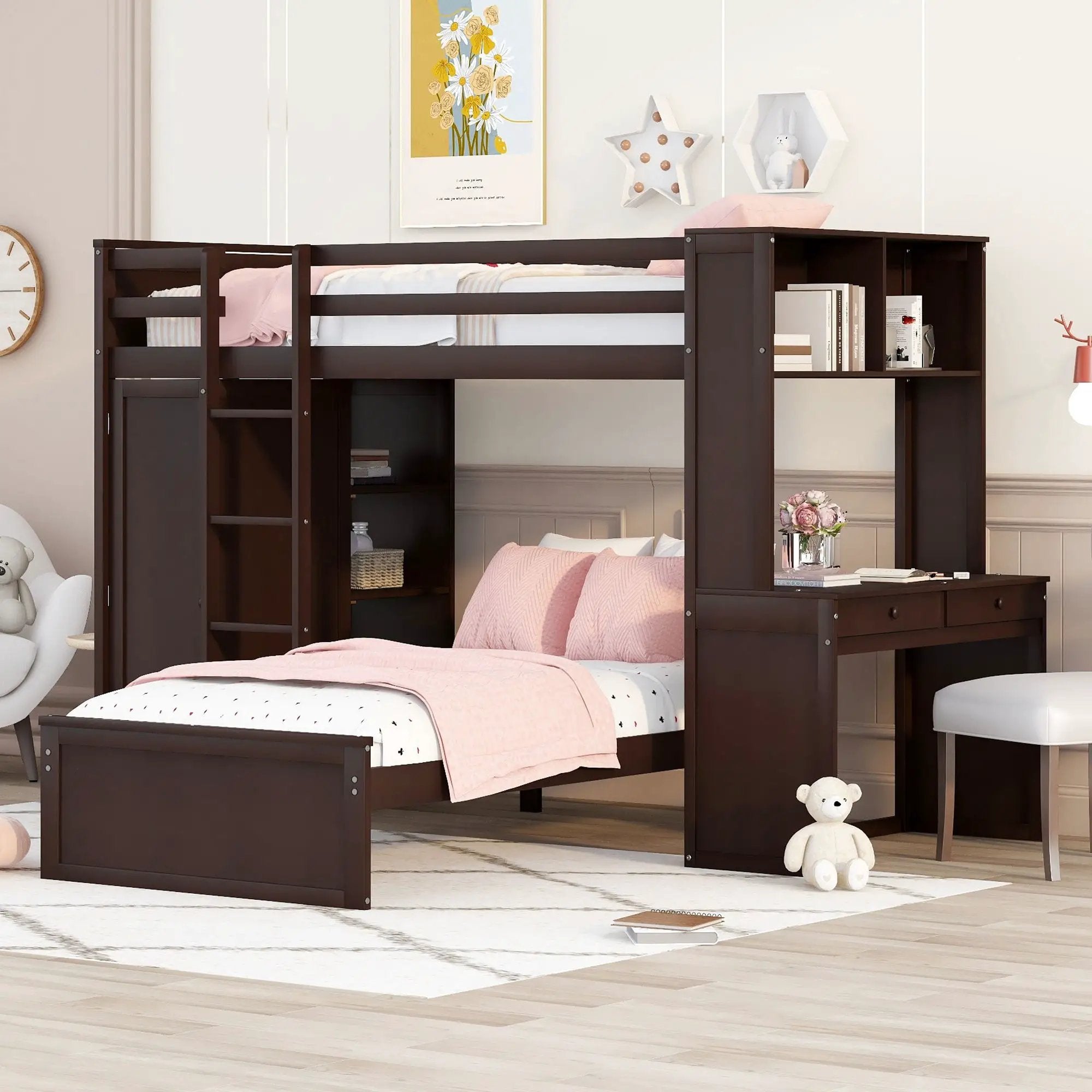 Loft Bed With A Stand Alone Bed, Shelves, Desk, And Wardrobe by HouseOfZazla