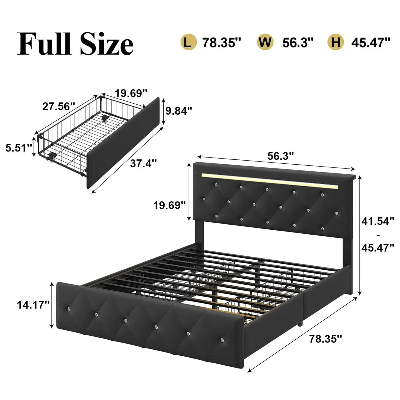 Upholstered Bed Frame With LED Lights, 4 Storage Drawers, Charging Station by HouseOfZazla