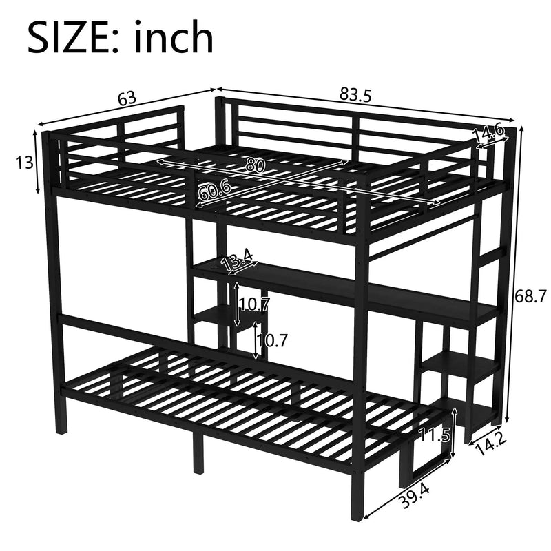 Queen Over Twin XL Metal Bunk Bed with Desk and Shelves by HouseOfZazla