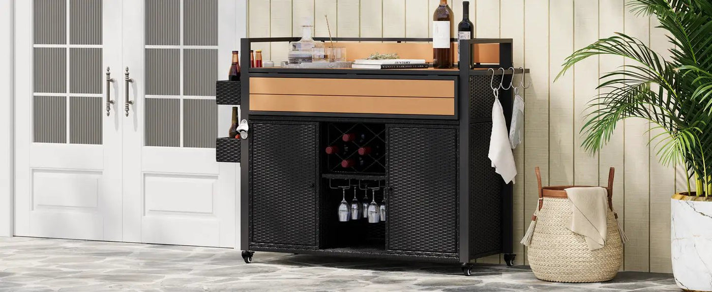 K&K 52.8"W Wicker Outdoor Grill Cart with Extended Table Top by HouseOfZazla
