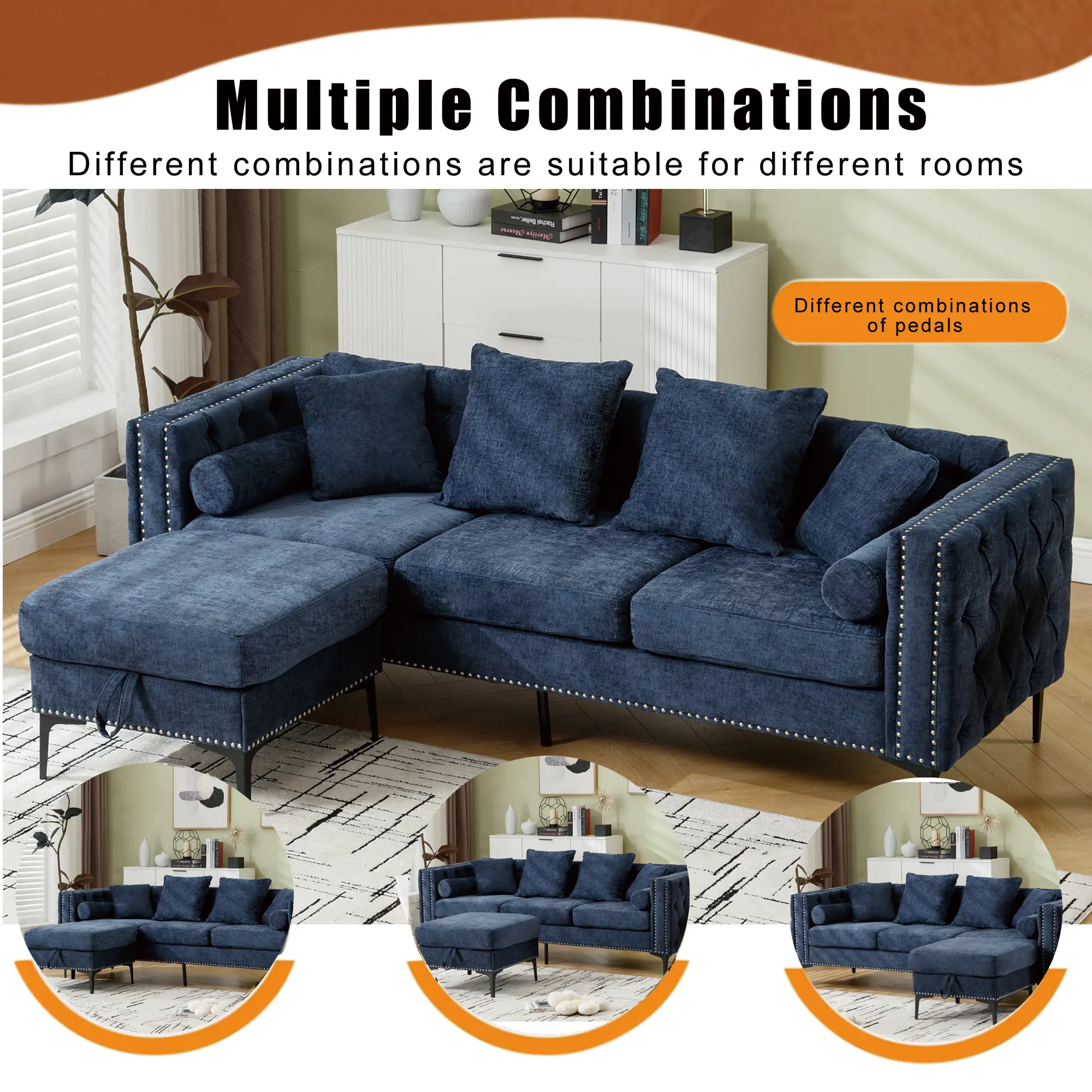 L Shaped Sectional Convertible Sofa with Storage Ottoman and Modern Tufted style by BLAKHOM