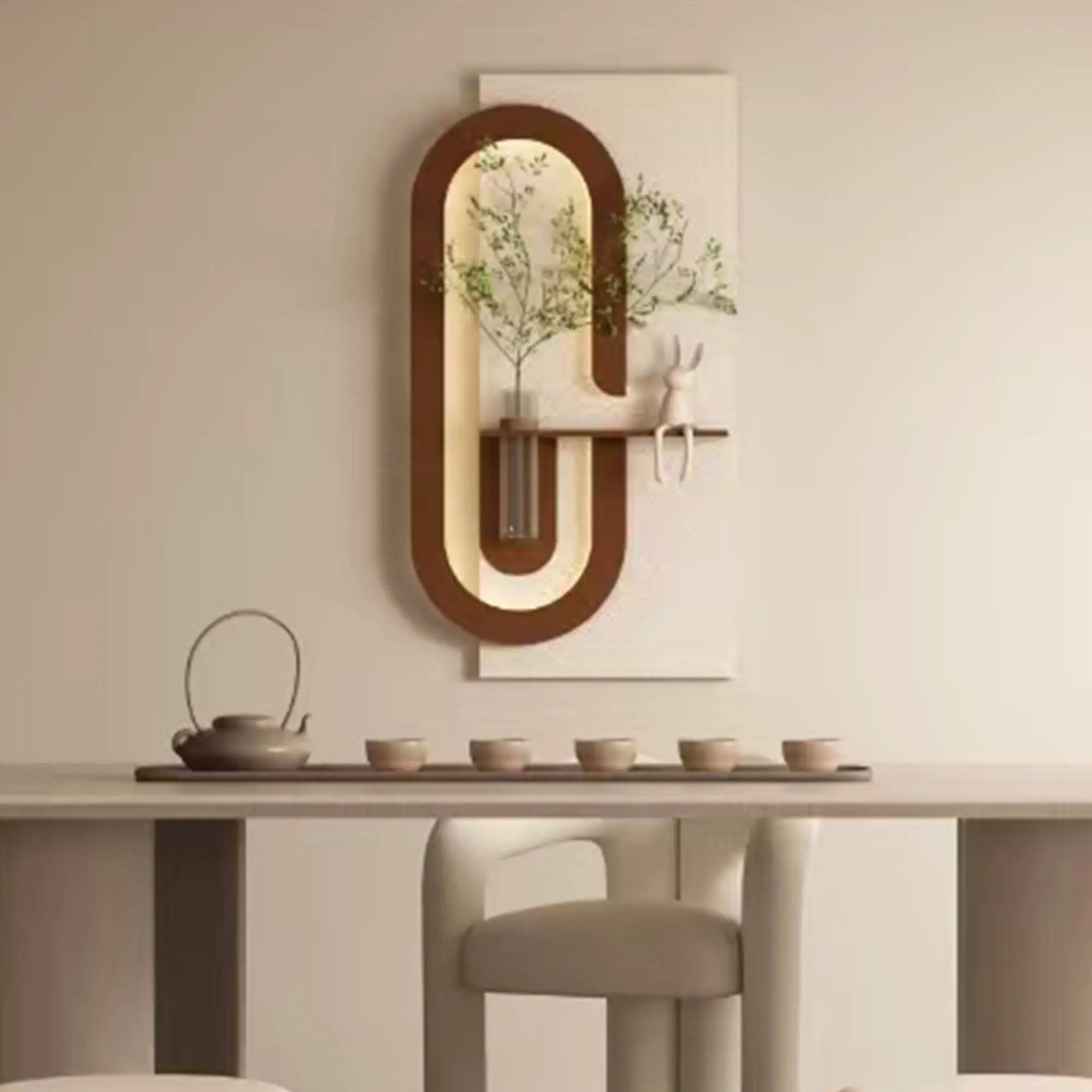 Adjustable LED Sandstone Wall Decor With Simulated Plants 3D Art Sculpture, Glass Vase & Rabbit Statue, Remote Control - Light Coffee by Unique Piece Furniture