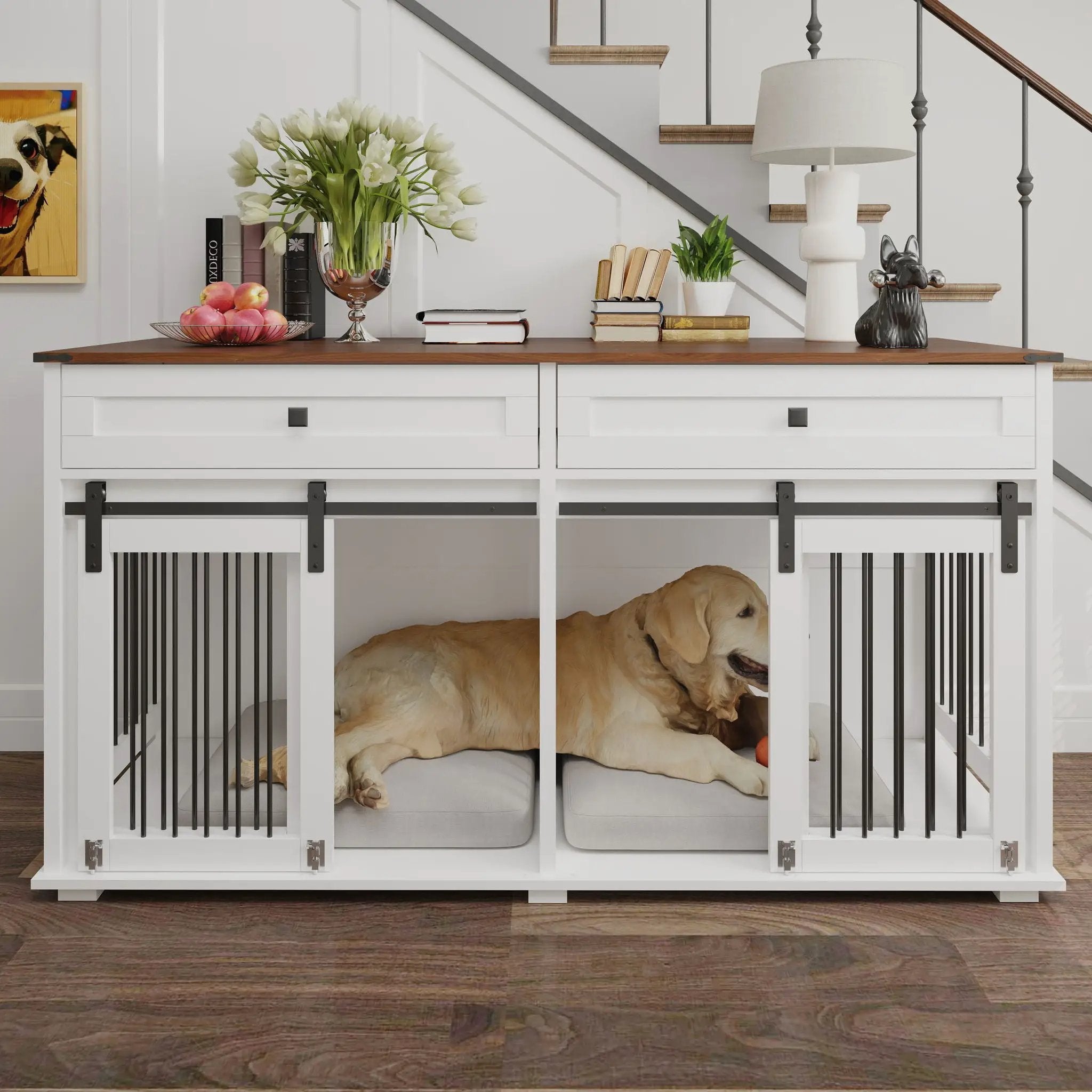 Large Dog Crate, Water Resistant Indoor Pets Furniture Double Dog Crates - Brown White by HouseOfZazla