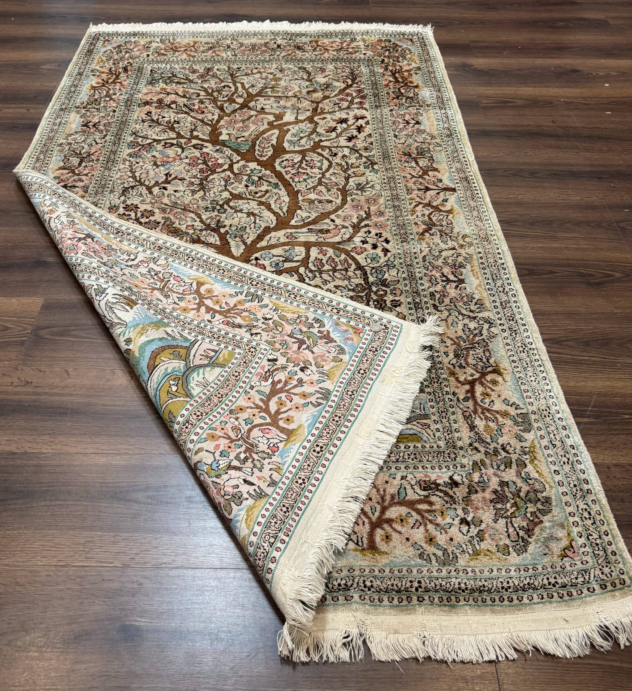 Indian Kashmiri Silk Rug 4x7, Tree of Life Design, Very Fine 380 KPSI, Birds by Jewel Rugs
