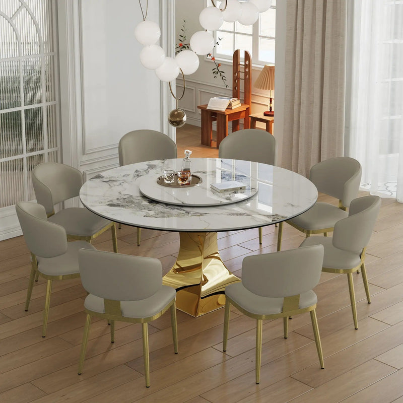 Luxury Round 59" Sintered Stone Dining Table With Stainless Steel Hourglass Base, Scratch & Heat Resistant Surface - Golden / White by HouseOfZazla
