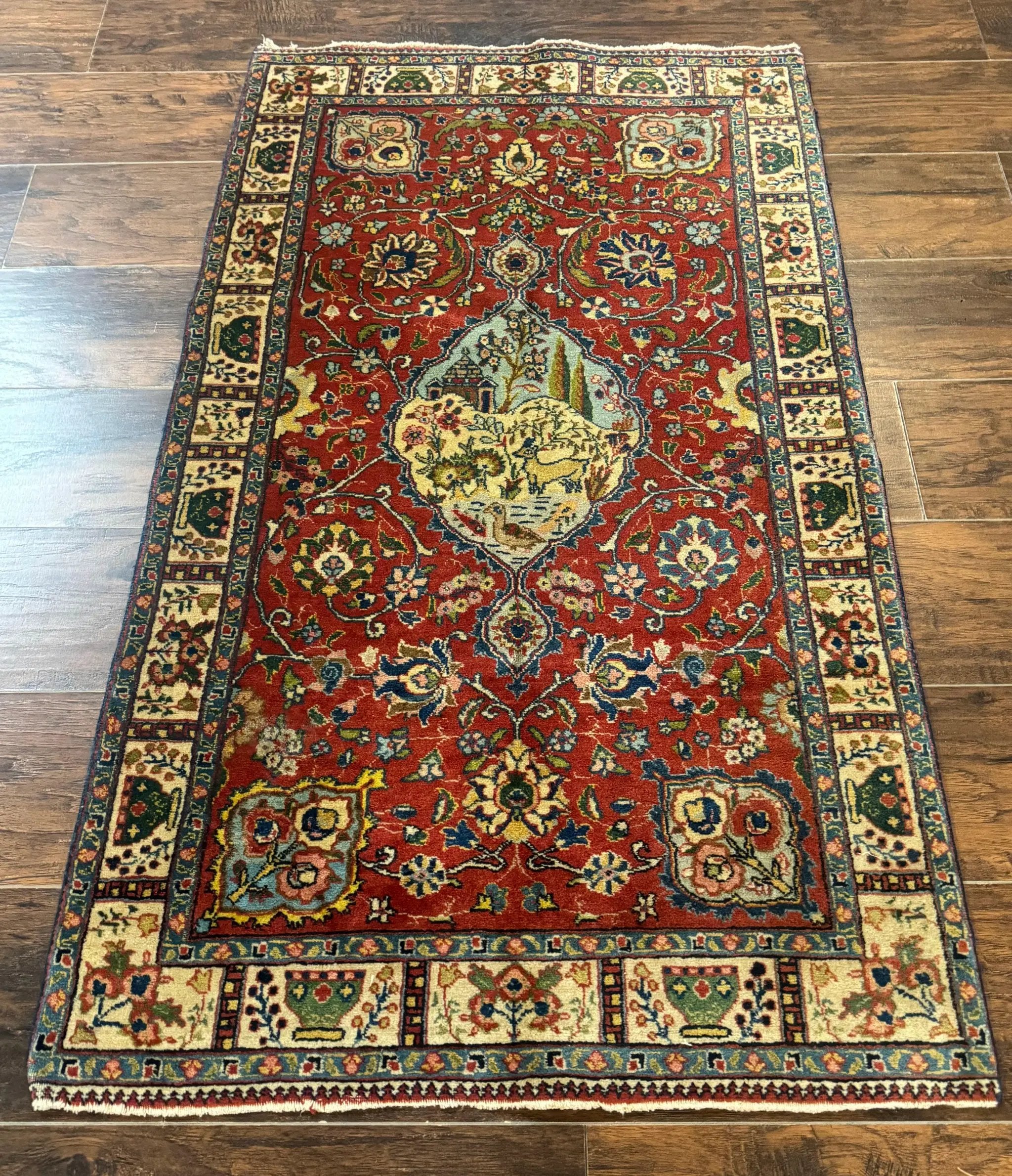 Small Persian Tabriz Rug 2.8 x 4.7, Red, Animal Pictorials, Semi Antique Vintage by Jewel Rugs