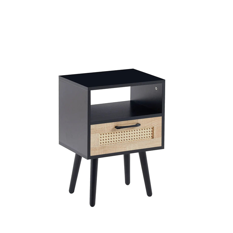 15.75" Rattan End Table With Drawer And Solid Wood Legs, Modern Nightstand, Side Table For Living Room, Bedroom by HouseOfZazla