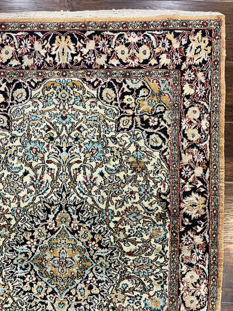 Silk Persian Qum Rug 4x5, Hand Knotted Vintage Carpet, Cream & Navy Blue, Silk Pile on Silk Foundation, Very Fine 360 KPSI by Jewel Rugs