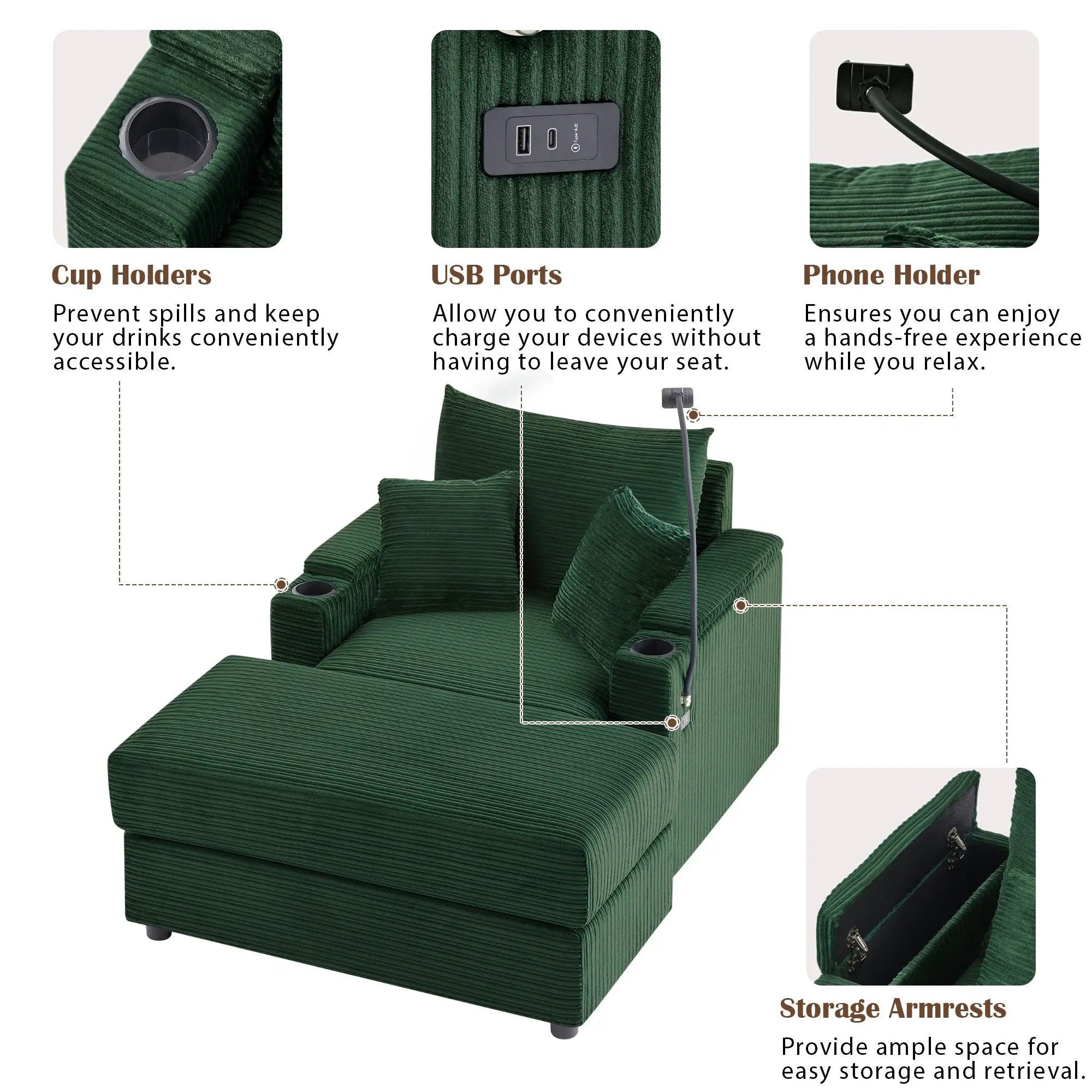 Modern Style Loveseat Sofa Sectional Sofa Couch With Storage Space, A Movable Ottoman, Two USB Ports, Two Cup Holders, A Phone Holder For Living Room by HouseOfZazla