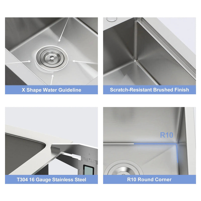 21" Drop In Kitchen Sink With Pull Out Faucet And Sink Cover, 16 Gauge - Brushed Nickel by HouseOfZazla