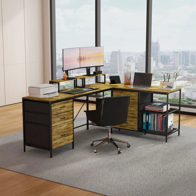 Industrial L Shaped Desk With Power Hub With 6 Drawers And Adjustable Monitor Stands - Brown by Unique Piece Furniture