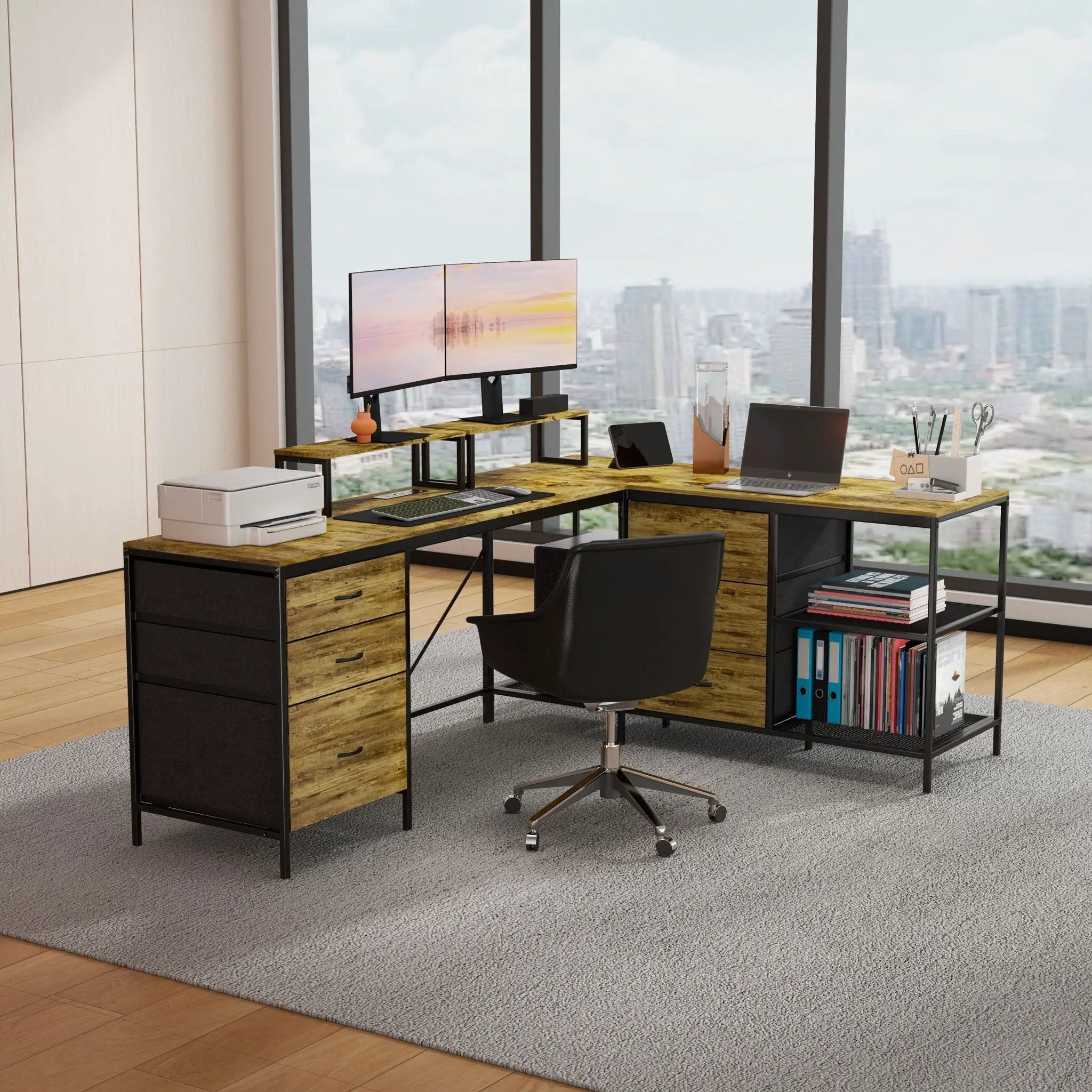 Industrial L Shaped Desk With Power Hub With 6 Drawers And Adjustable Monitor Stands - Brown by HouseOfZazla