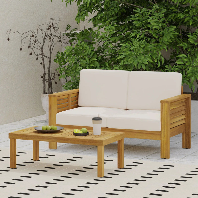 Acacia Wood Loveseat And Coffee Table Set With Cushions by HouseOfZazla