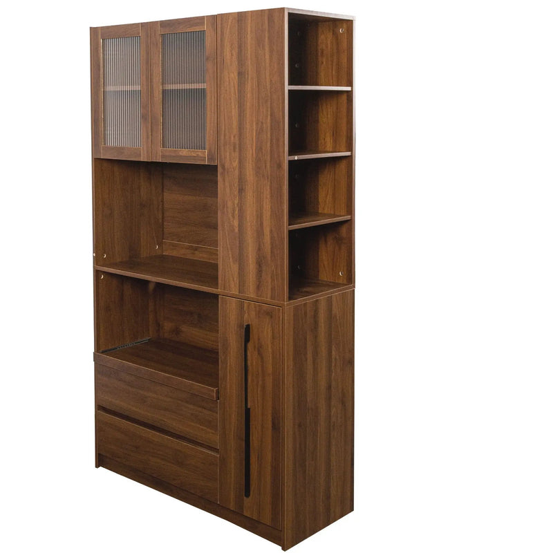 Tall Kitchen Pantry Cabinet With 4 Tier Side Shelf, 2 Drawers, Freestanding Food Hutch With Microwave Stand For Dining Room - Walnut by HouseOfZazla