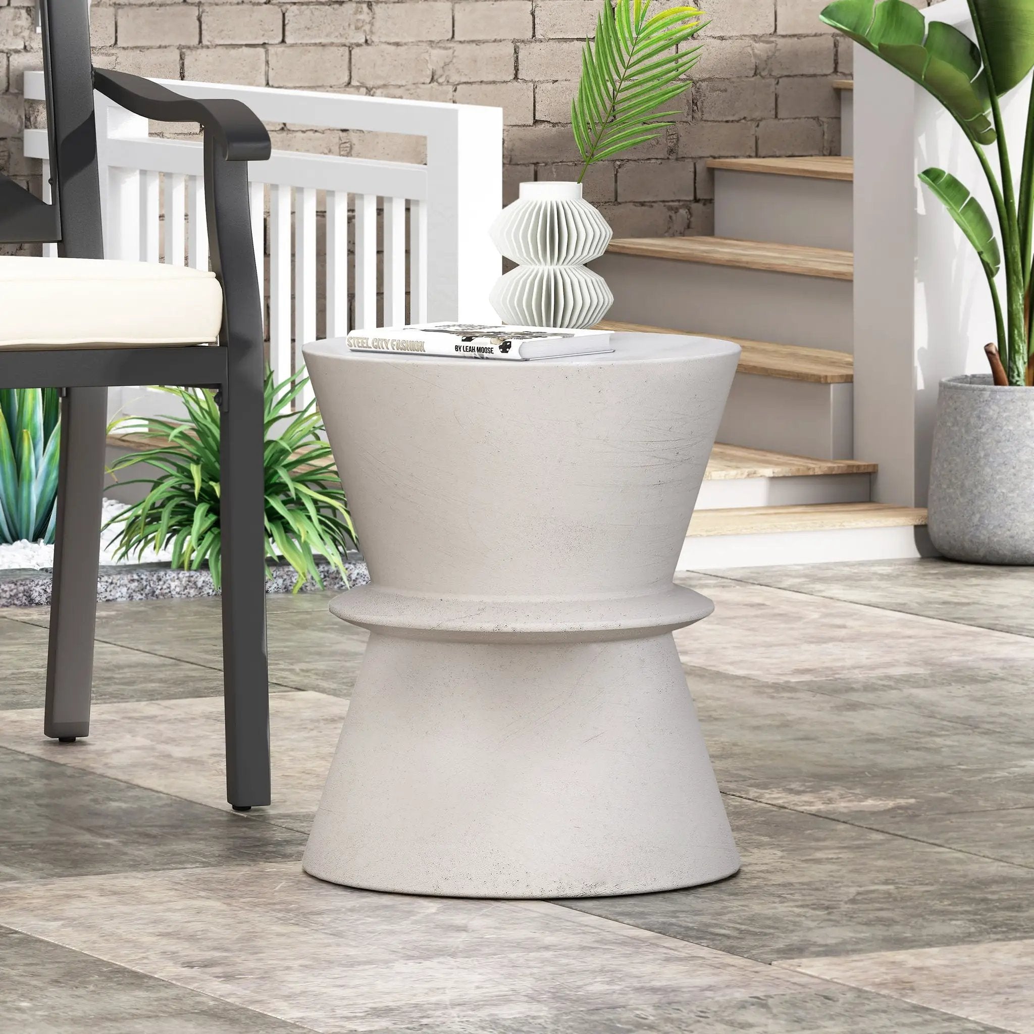Outdoor Lightweight Concrete End Table With Hourglass Structure - Antique White by HouseOfZazla