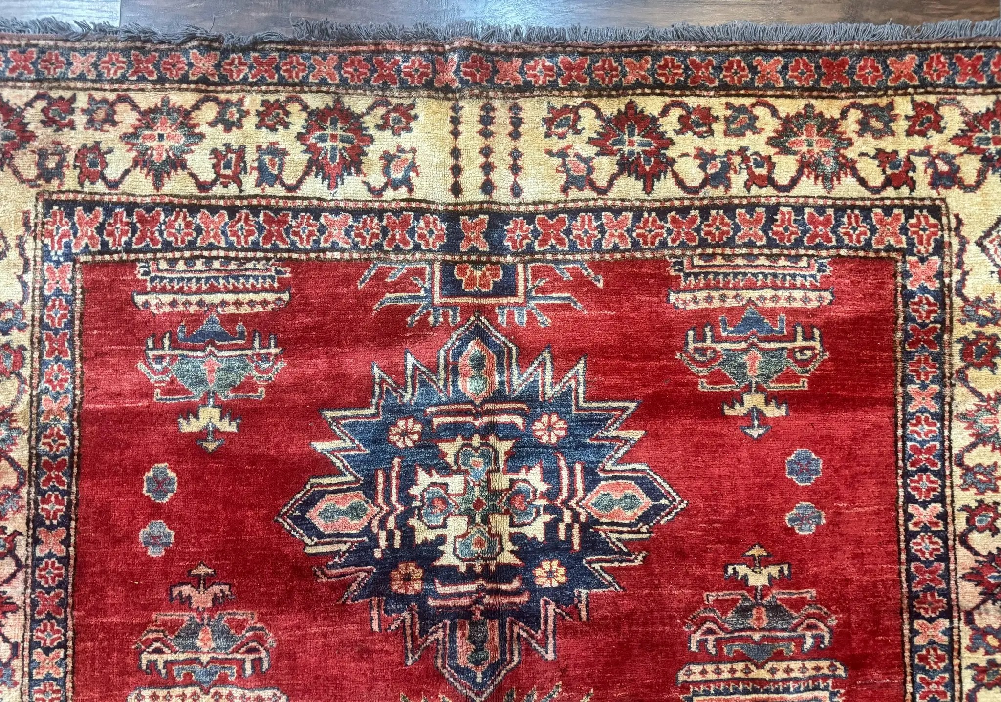 Square Turkish Rug 6x6, Azerbaijani Azeri Turkish Armenian Rug, Red Tan Blue, Geometric, Wool Carpet by Jewel Rugs