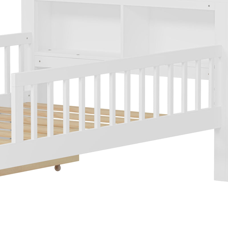 Bed With Headboard Storage Rack, 2 Under Bed Drawers, 3 Side Guardrails For Safety by HouseOfZazla