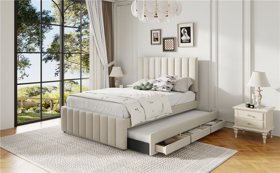 Upholstered Platform Bed With Twin Size Trundle And 3 Drawers by HouseOfZazla