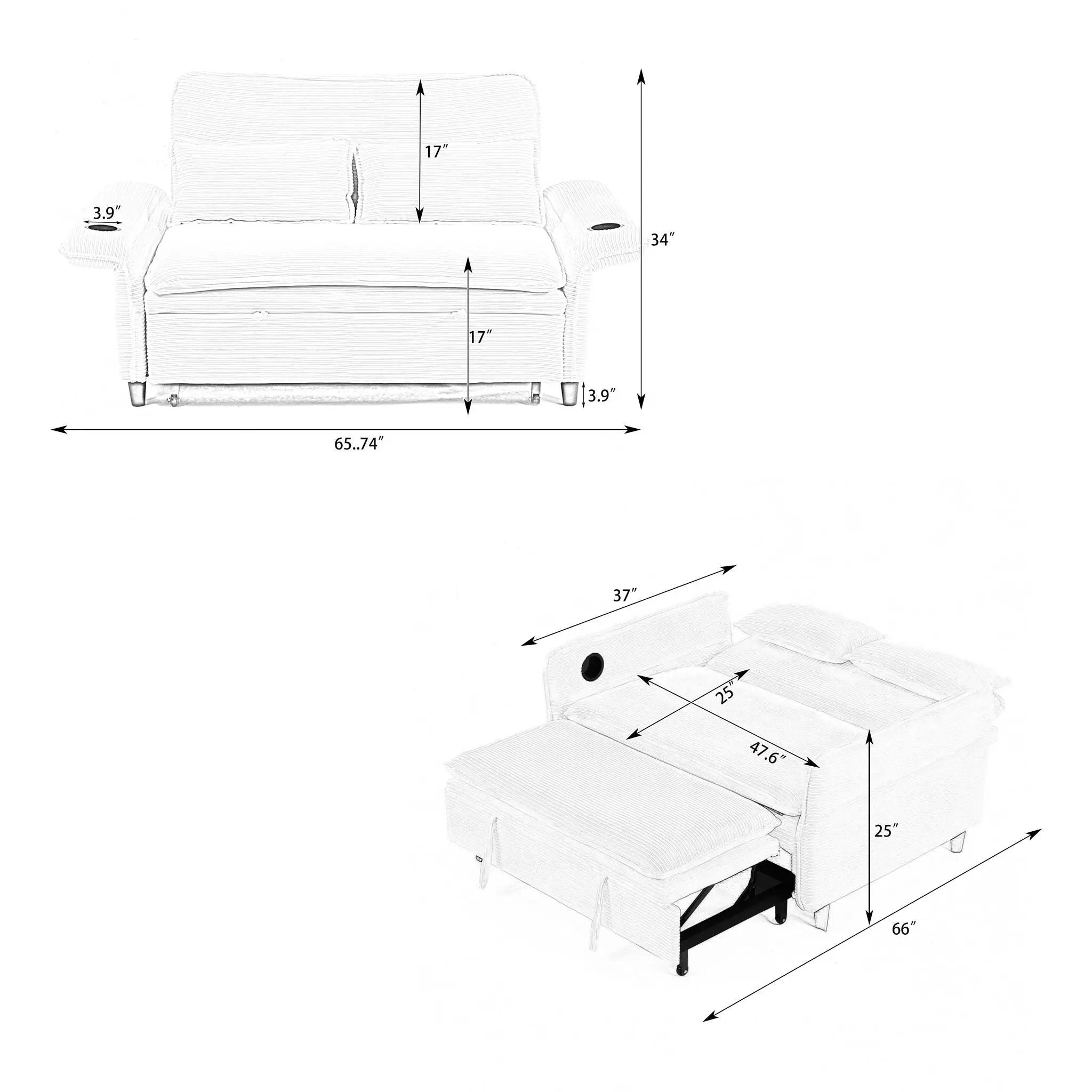Modern Fabric Multi-Functional Sofa Bed With Adjustable Armrests And Backrests by Unique Piece Furniture