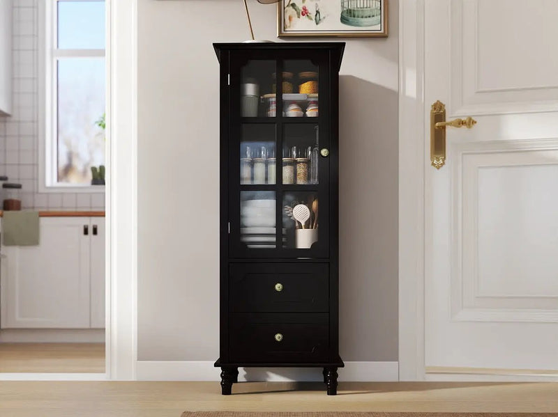 Black Tall Storage Cabinet with Glass Door & 2 Drawers by HouseOfZazla
