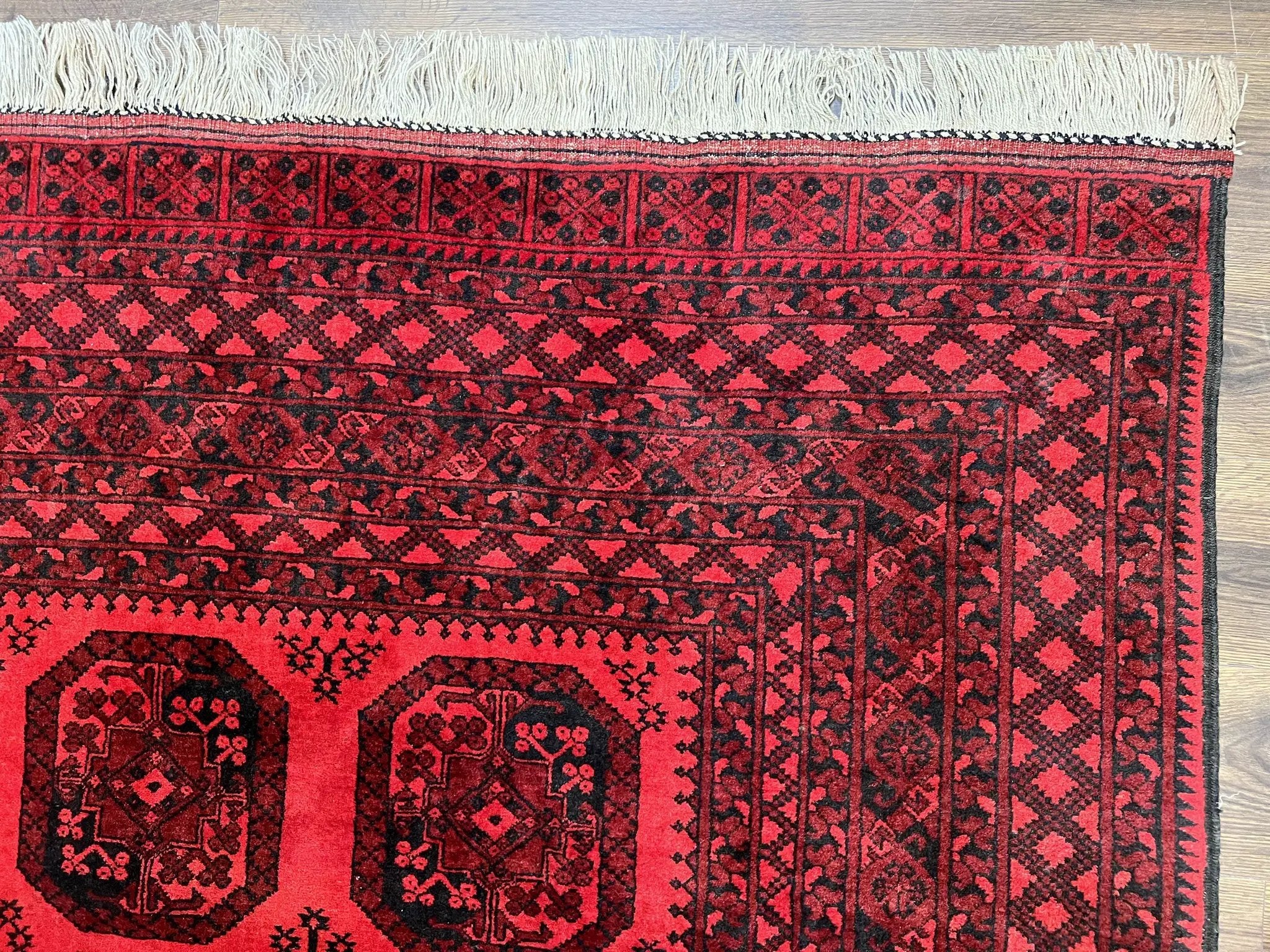 Afghan Turkoman Rug 7x10, Vintage Yamud Beshir Bokhara Carpet, Red and Black Bukhara Hand-Knotted Oriental Wool Handmade Rug, Elephant Foot by Jewel Rugs
