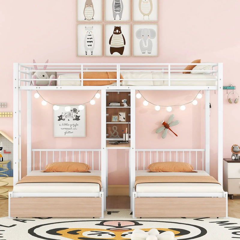 Triple Bunk Bed With Drawers, Multi-Functional Frame With Desks And Shelves In The Middle by Unique Piece Furniture