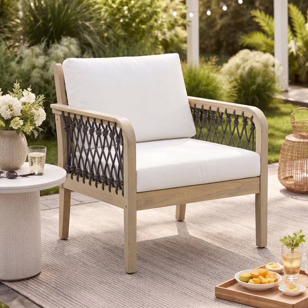 Outdoor Acacia Wood Club Chair with Handwoven Rope, Light Teak Finish