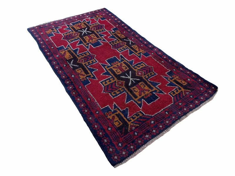 2' 8" X 4' 6" Vintage Handmade Tribal Wool Rug Balouchi Rug Afghan Rug Red Blue by Jewel Rugs