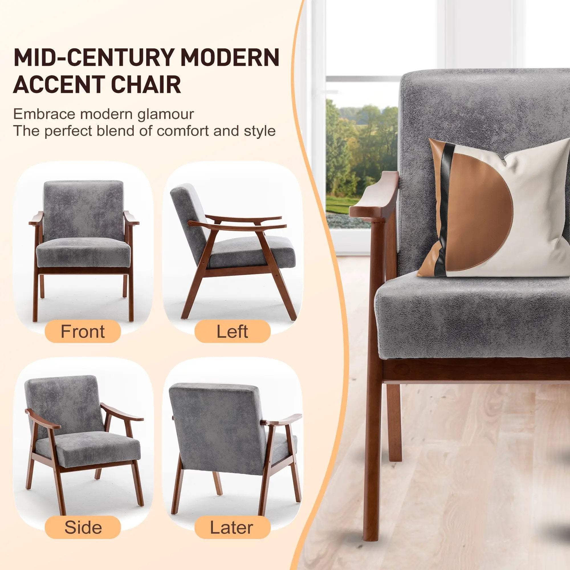 Mid Century Modern Accent Chair With Solid Wood Frame And Extra Thick Backrest by Unique Piece Furniture