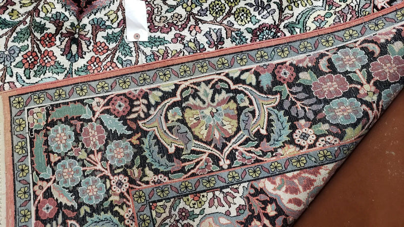 Indian Kashmiri Silk Rug 6x10, Ivory, Floral Medallion by Jewel Rugs