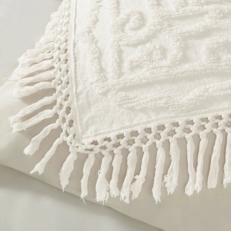 Tufted Cotton Chenille Medallion Fringe Coverlet Mini Set - Off-White by HouseOfZazla