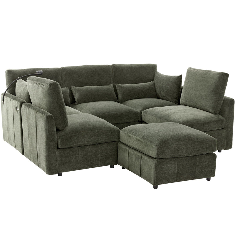 Modern Modular U-Shaped Sofa Bed With Movable Ottoman, USB Ports, Phone Holder