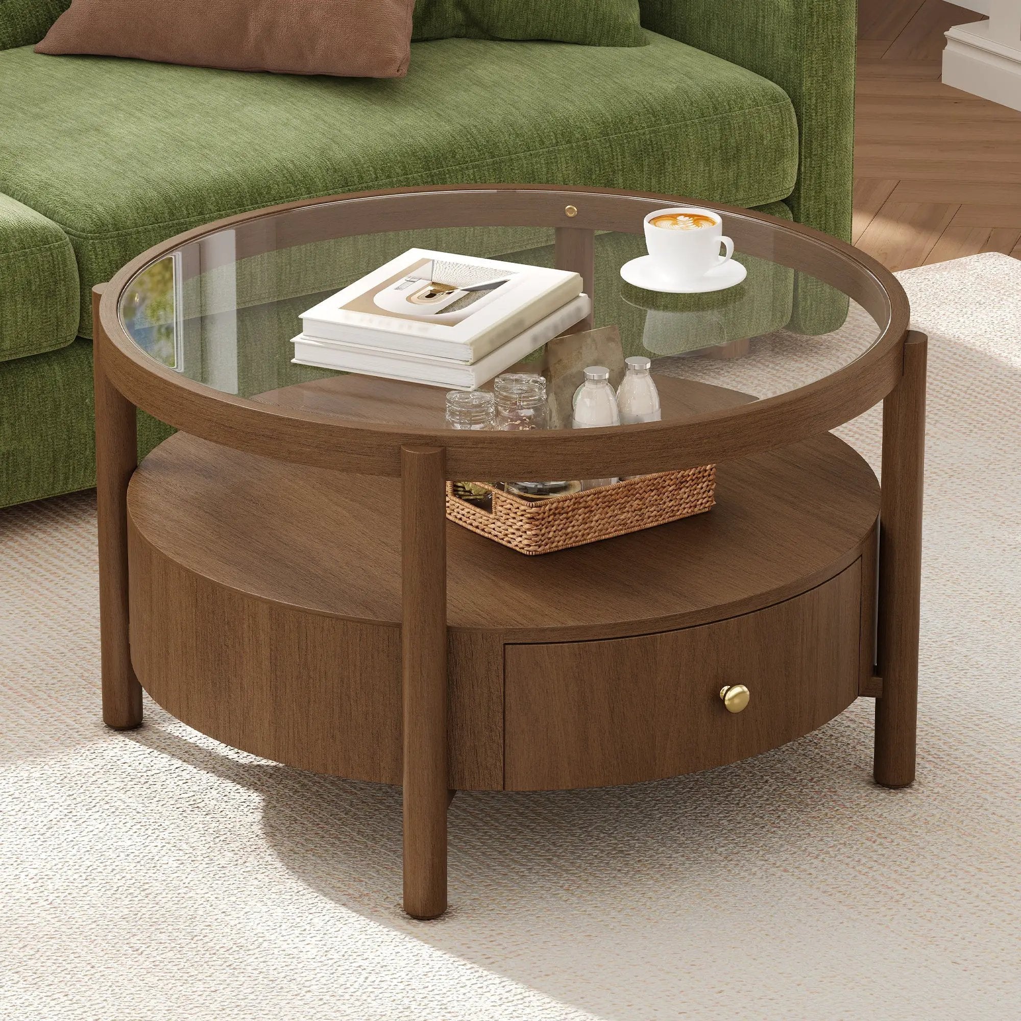 Solid Wood Round Glass Top Coffee Table with Storage Drawer by HouseOfZazla