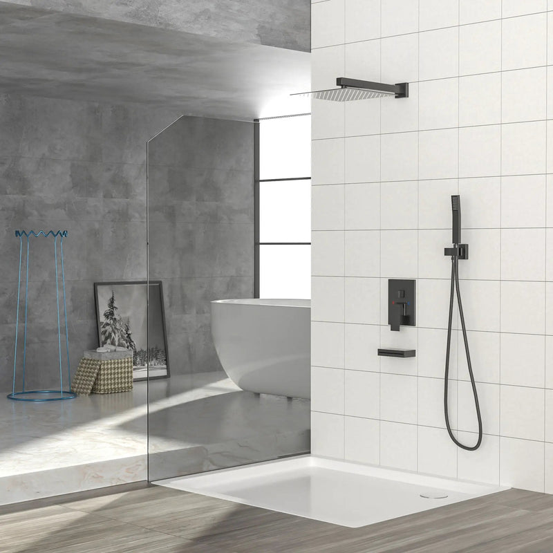 12" Ceiling Mount Square Shower System With Waterfall Tub Spout And Handheld Shower by HouseOfZazla