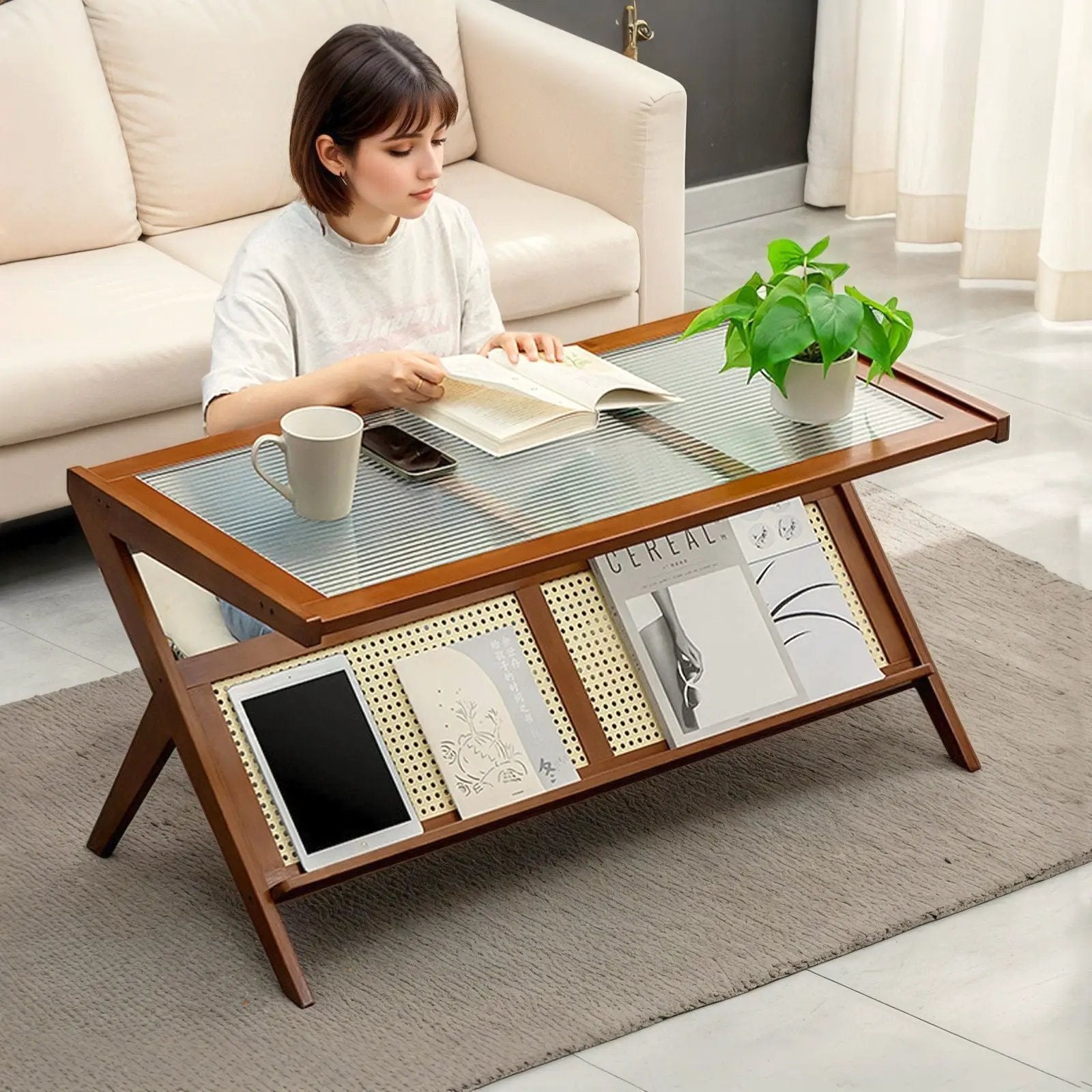 Rattan Coffee Tables For Living Room, Mid Century Modern Coffee Table With Glass Top, Large Boho Center Table With Storage - Brown by HouseOfZazla