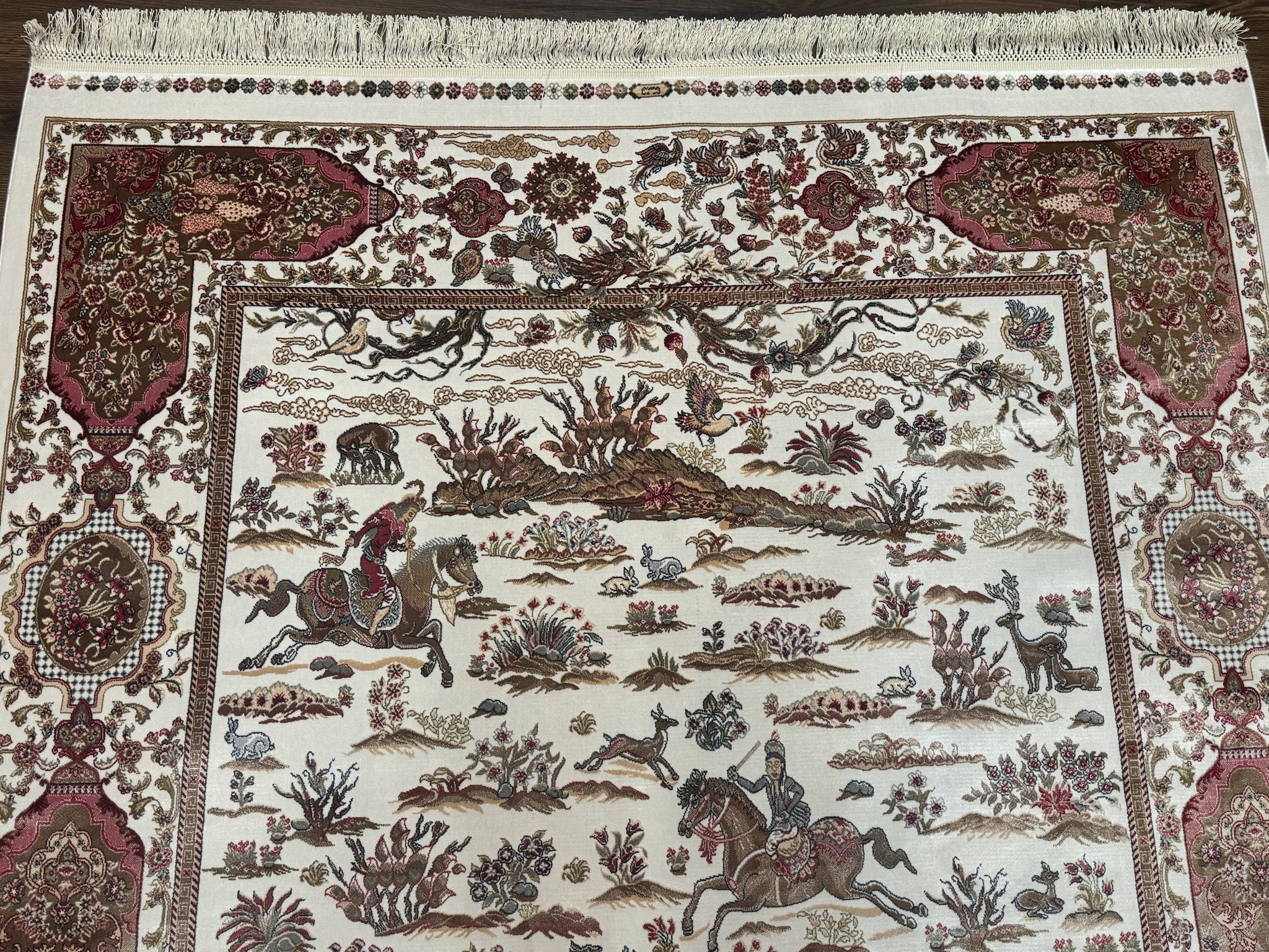 Turkish Silk Rug 5x8, Ivory, Hunting Design, Animal Pictorials, Bamboo Silk by Jewel Rugs