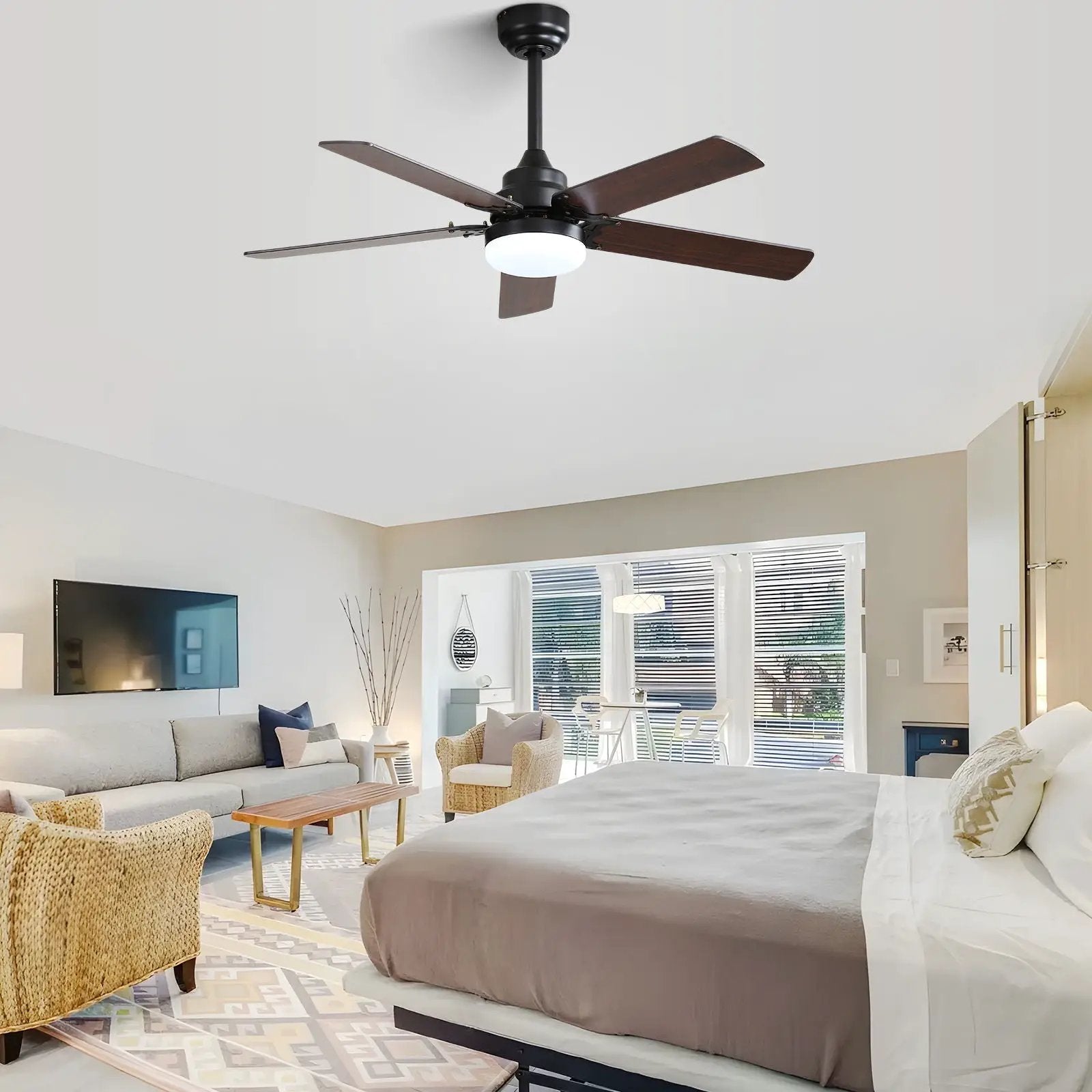 Low Profile Ceiling Fan With Reversible DC Motor, Remote Control, LED Light - Black by HouseOfZazla