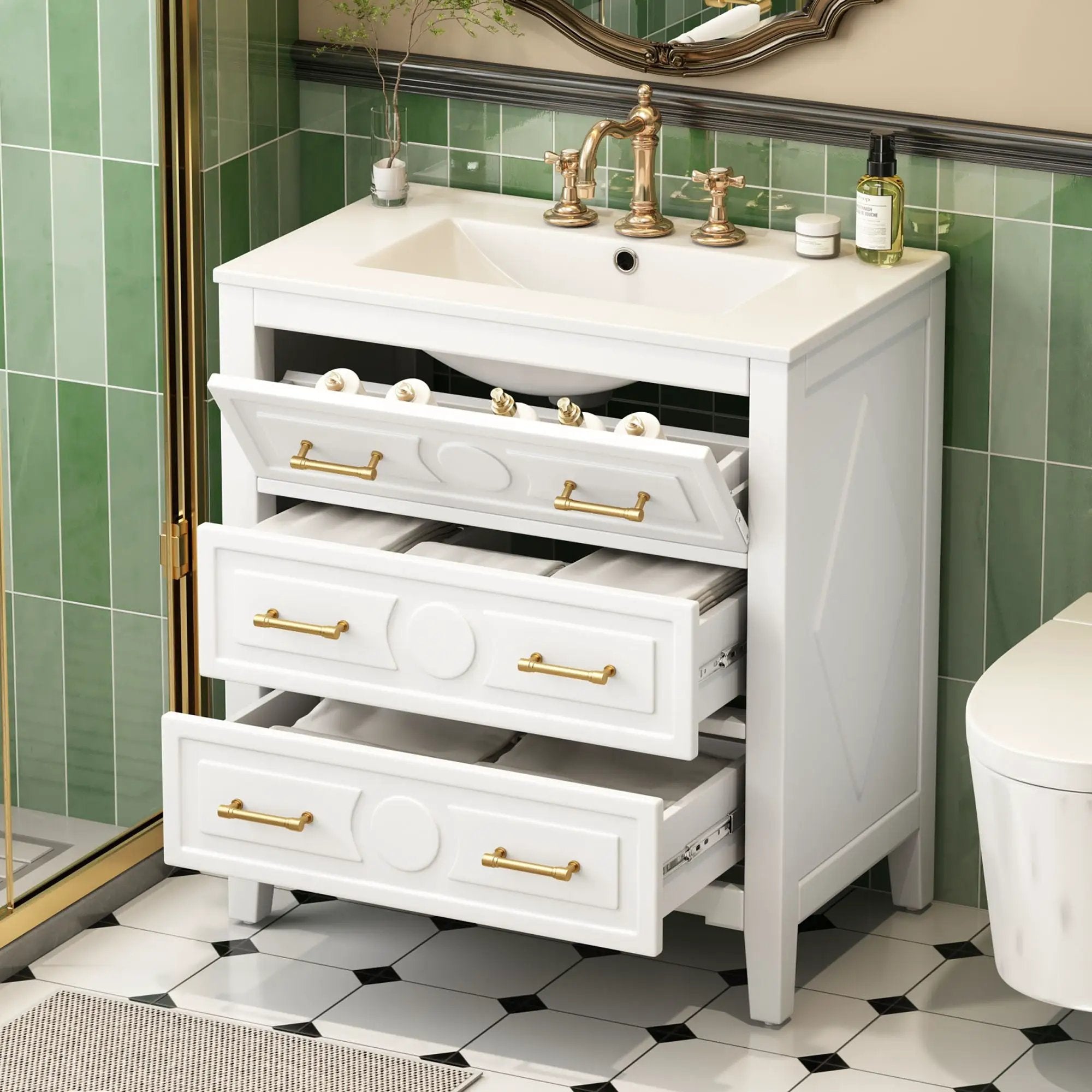 Retro Bathroom Vanity With Sink Combo, Free Standing Single Set With 3 Drawers