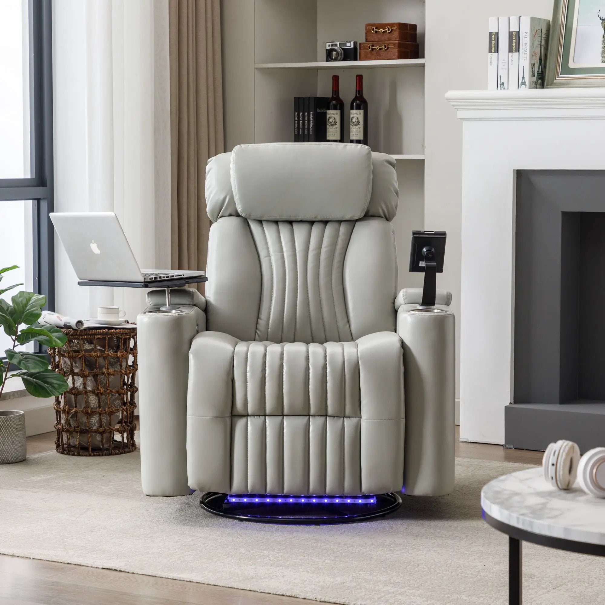 270° Power Swivel Recliner Home Theater Chair With Hidden Arm Storage, LED Light, Cup Holder, And Tray Table by HouseOfZazla