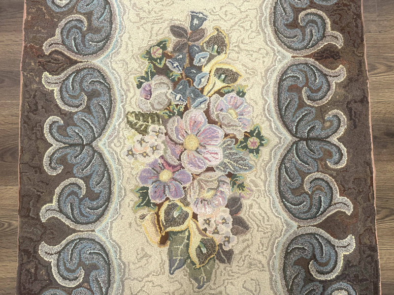 Antique American Hooked Rug 3 x 4.6, Vintage, Floral by Jewel Rugs