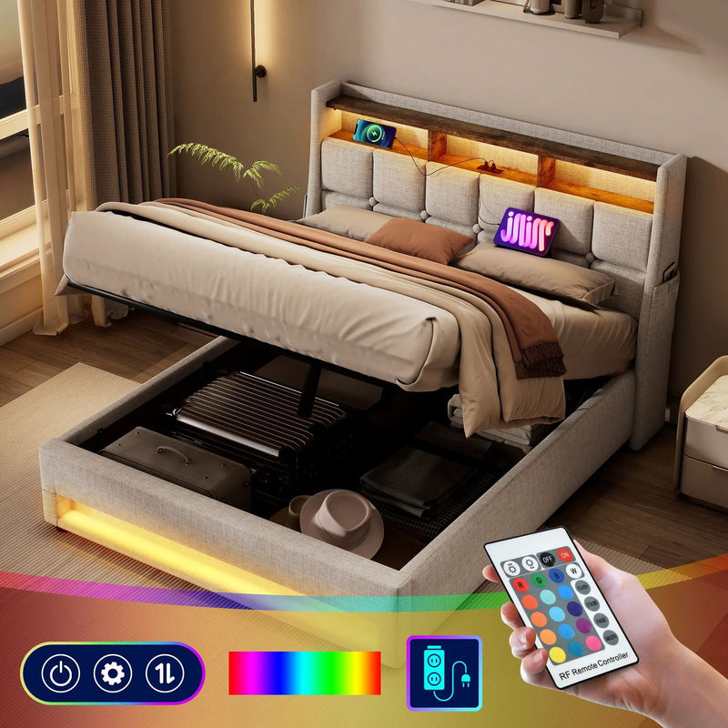Upholstered Platform Bed With A Hydraulic Storage System, LED And USB Charging (Without Mattress) by HouseOfZazla