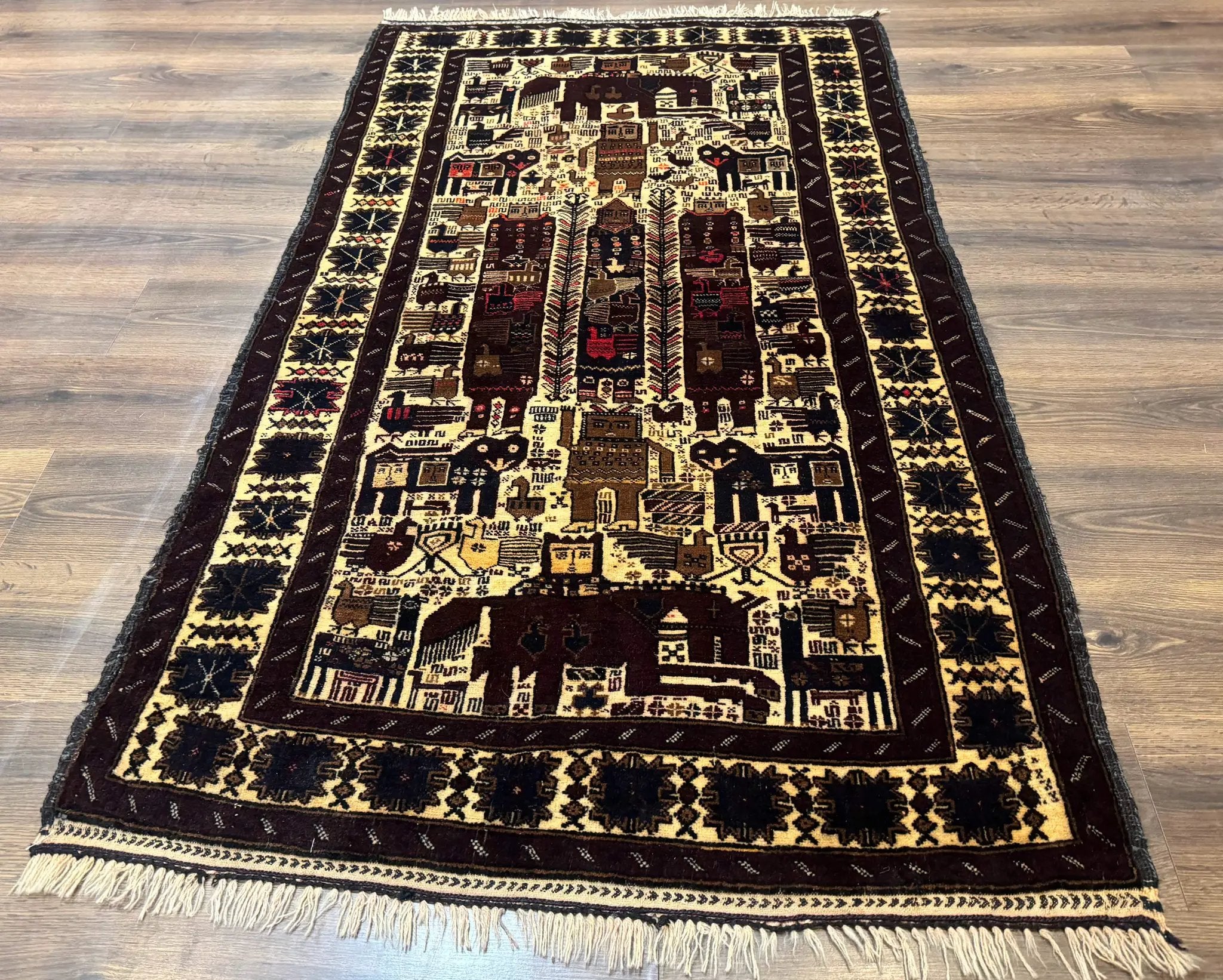 Persian Baluch Tribal Rug 4x6, Human and Bird Pictorials, Vintage, Wool, Collectible by Jewel Rugs