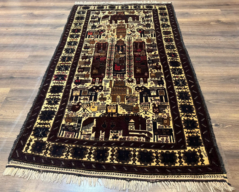 Persian Baluch Tribal Rug 4x6, Human and Bird Pictorials, Vintage, Wool, Collectible by Jewel Rugs