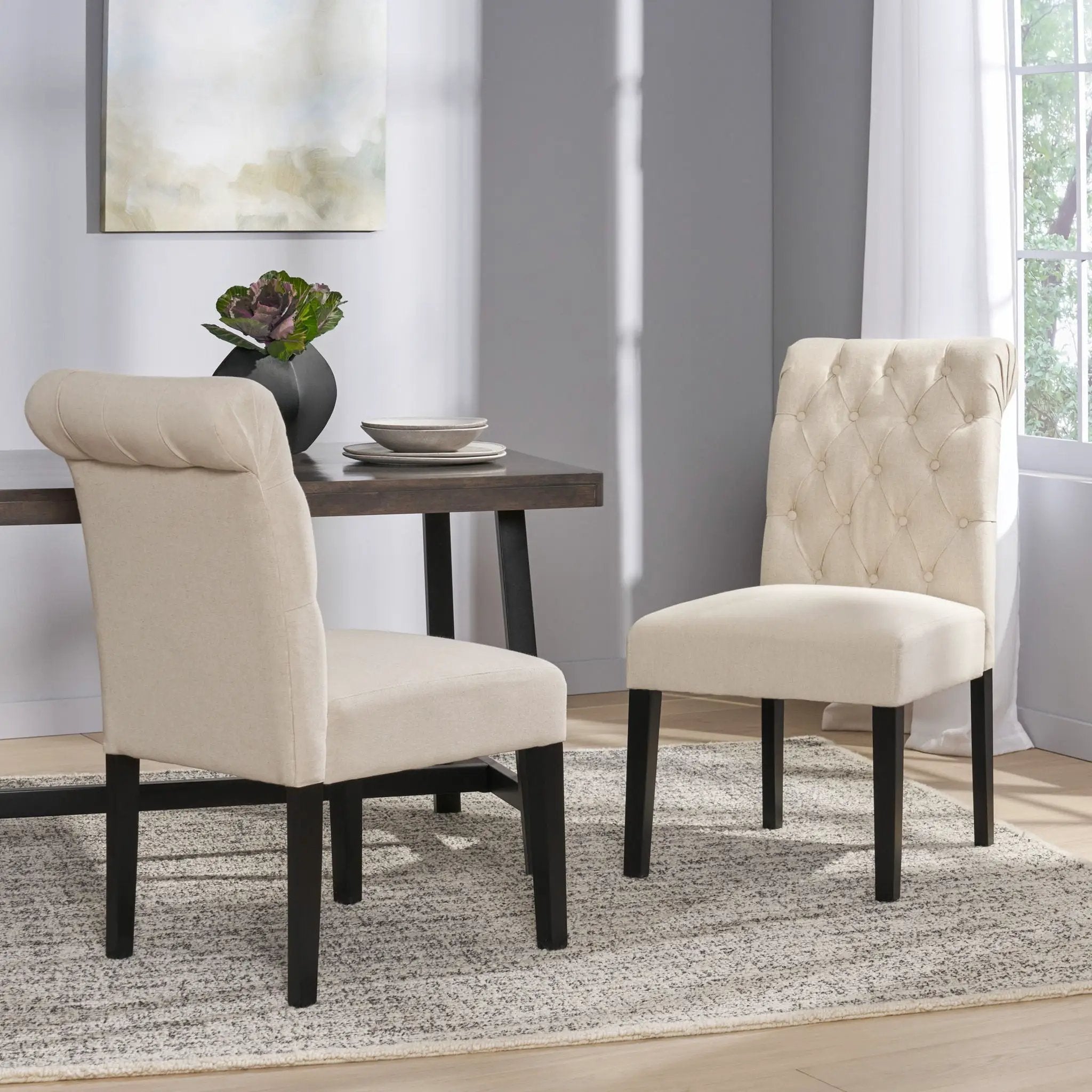 Dining Rolltop Chairs (Set of 2), Upholstered Armless Chair With Wood Leg - Ivory by HouseOfZazla