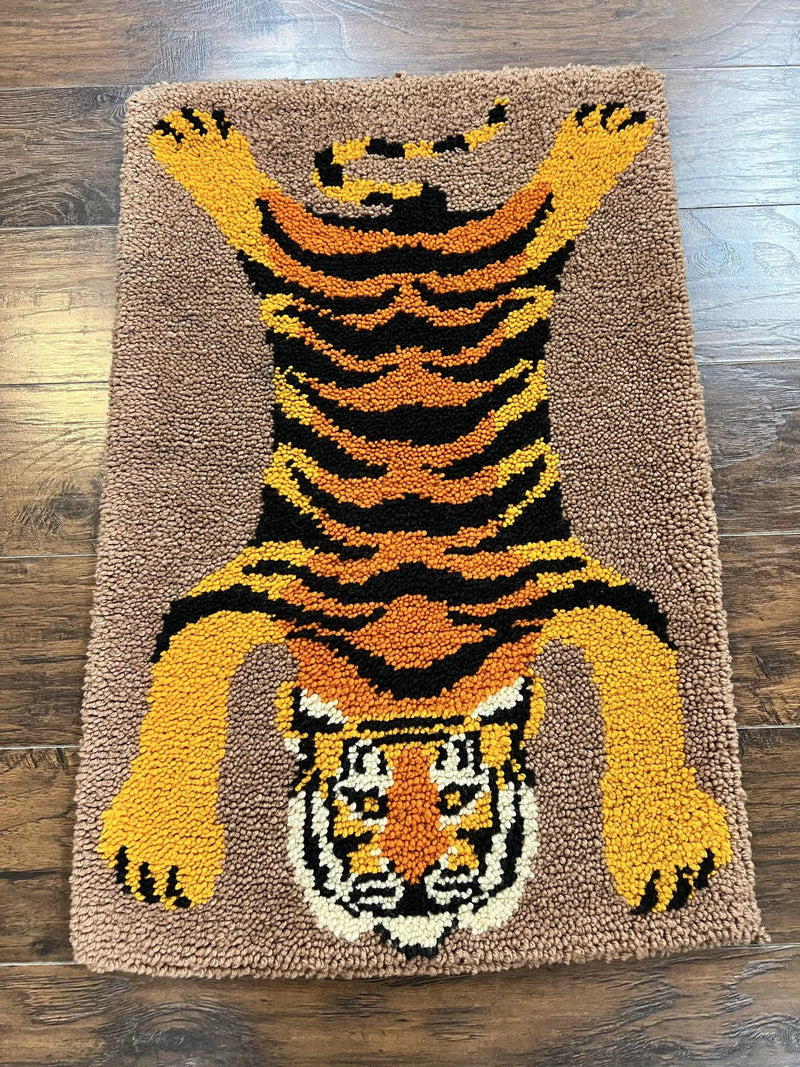 Small Hooked Rug 2x3, Tibetan Tiger Design, Wool, Unique Hooked Rug, Vintage by Jewel Rugs